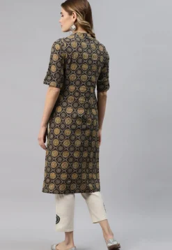 Ajrakh Printed Cotton Straight Kurta in Dark Brown and Multicolour