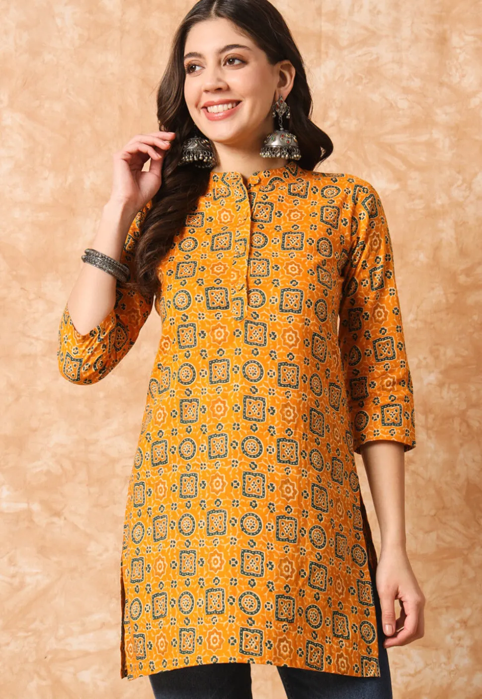 Ajrakh Printed Cotton Straight Kurti in Mustard