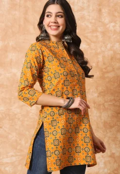 Ajrakh Printed Cotton Straight Kurti in Mustard