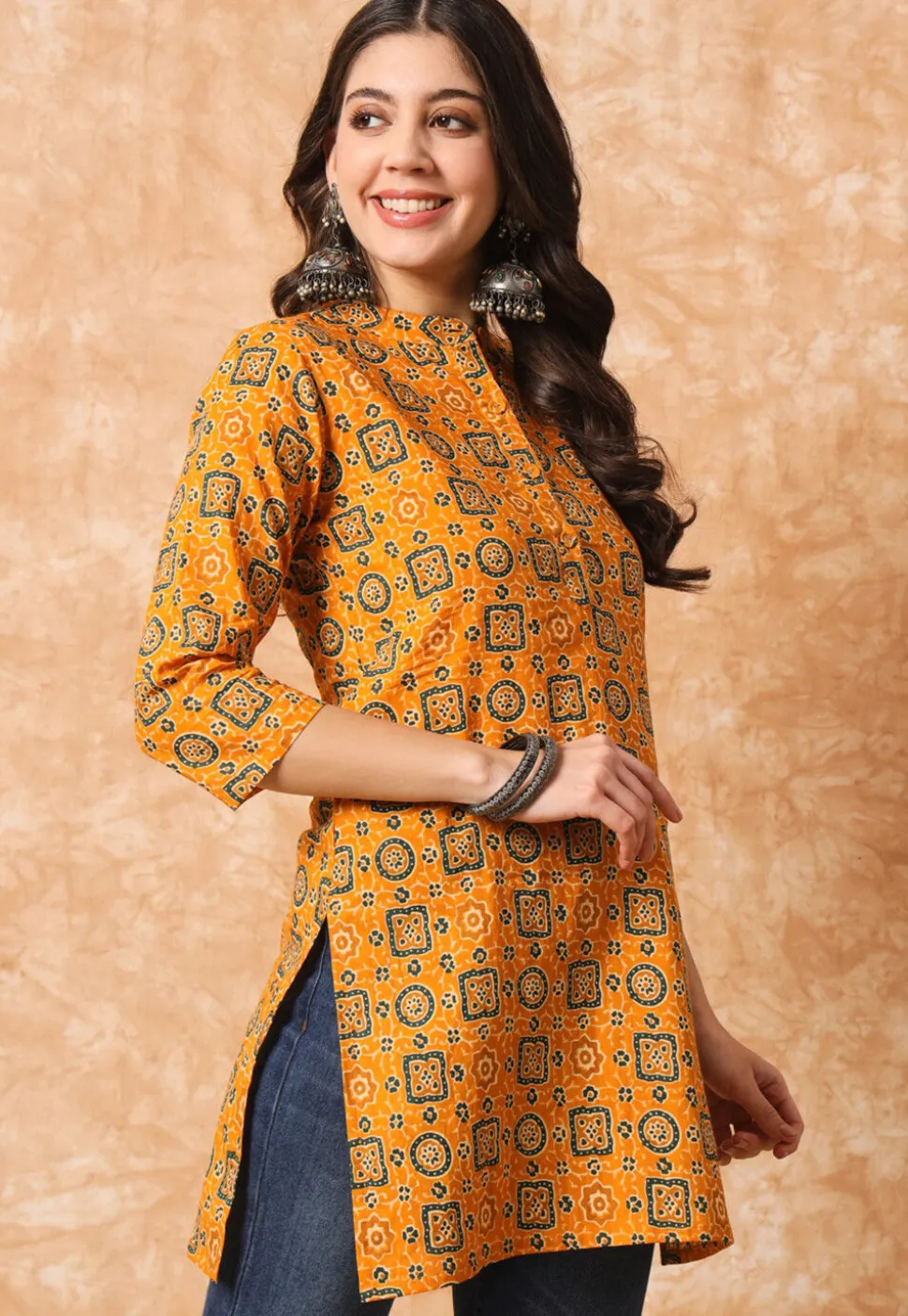 Ajrakh Printed Cotton Straight Kurti in Mustard