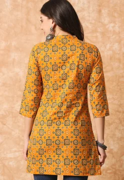 Ajrakh Printed Cotton Straight Kurti in Mustard