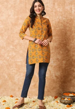 Ajrakh Printed Cotton Straight Kurti in Mustard