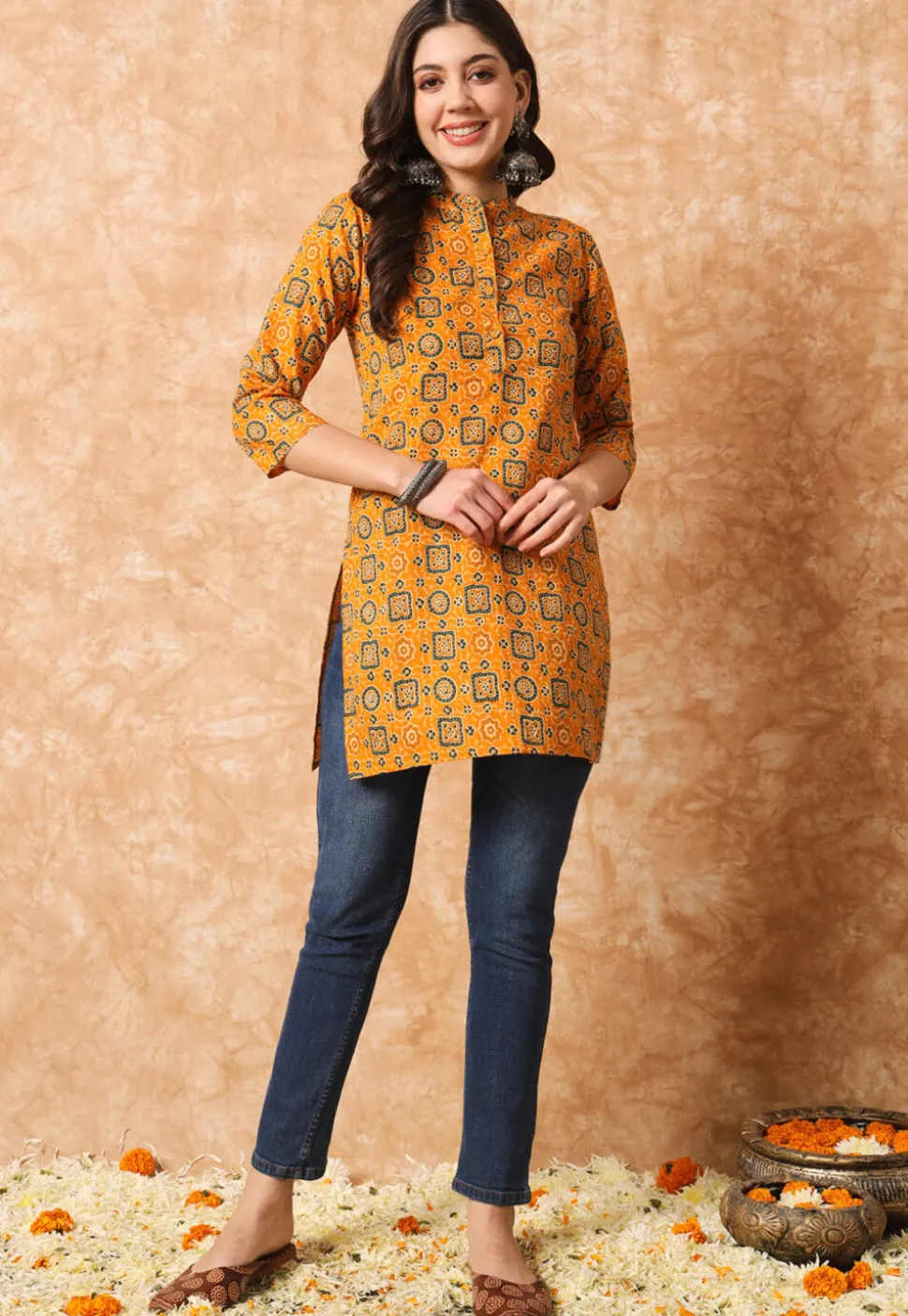 Ajrakh Printed Cotton Straight Kurti in Mustard