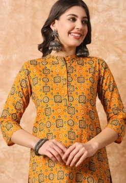Ajrakh Printed Cotton Straight Kurti in Mustard