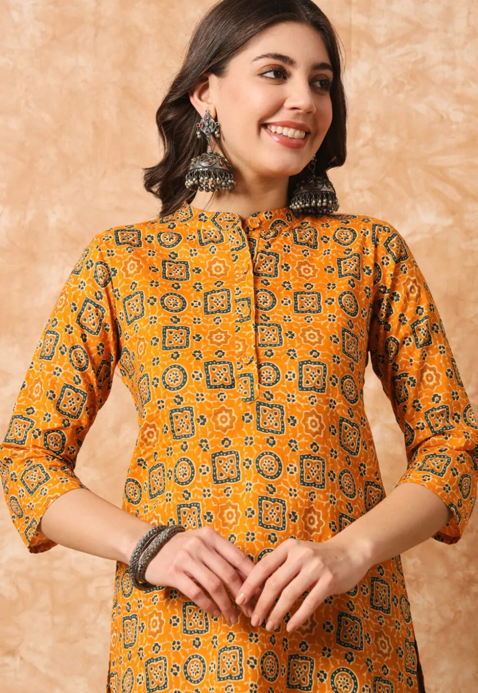 Ajrakh Printed Cotton Straight Kurti in Mustard