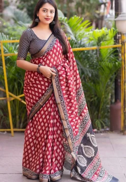 Ajrakh Printed Crepe Saree in Red