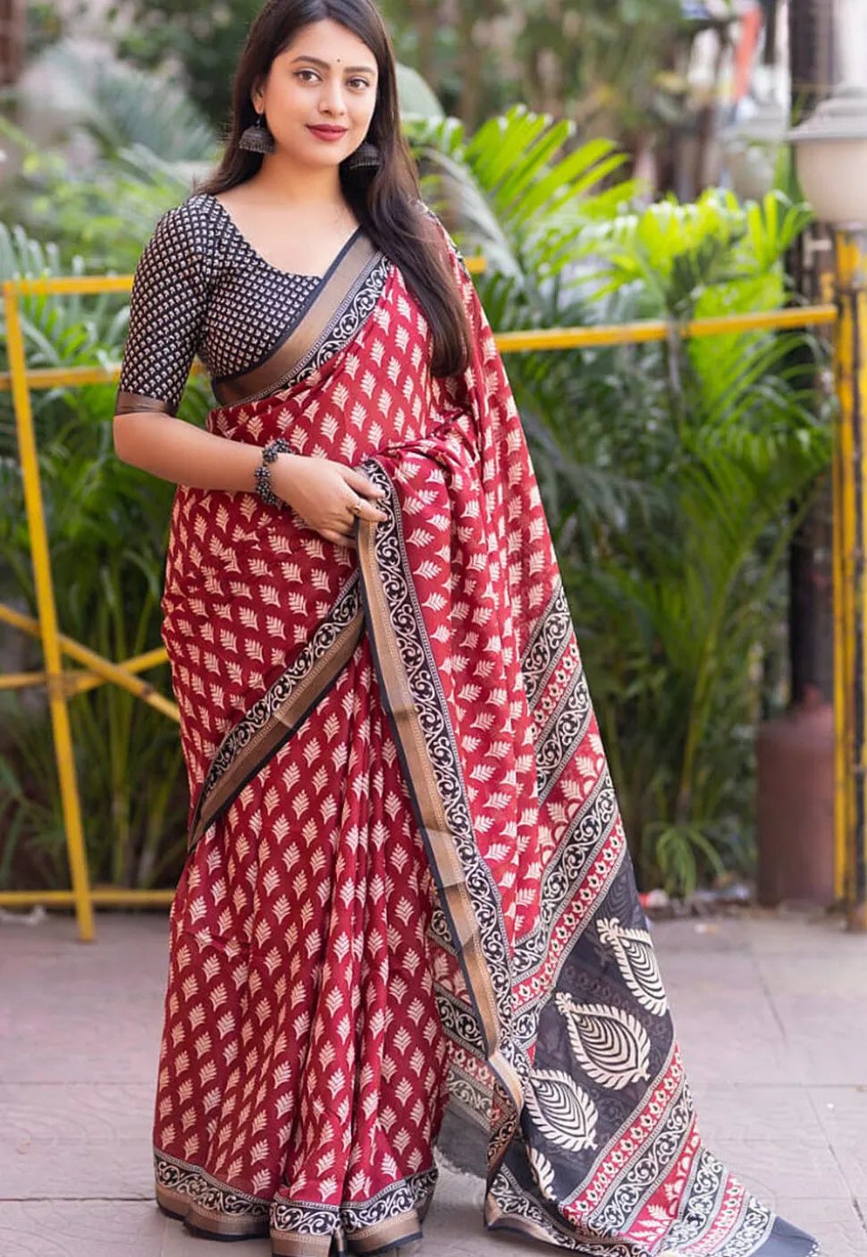Ajrakh Printed Crepe Saree in Red