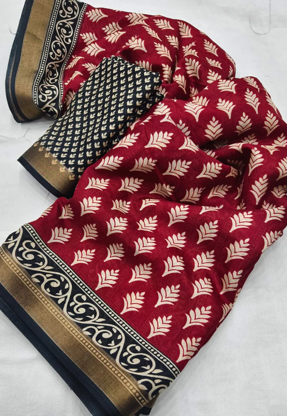 Ajrakh Printed Crepe Saree in Red