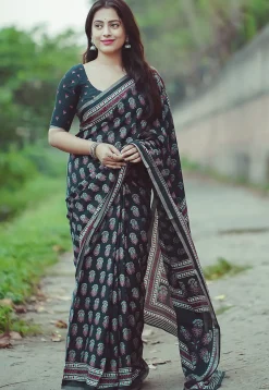 Ajrakh Printed Crepe Saree in Black