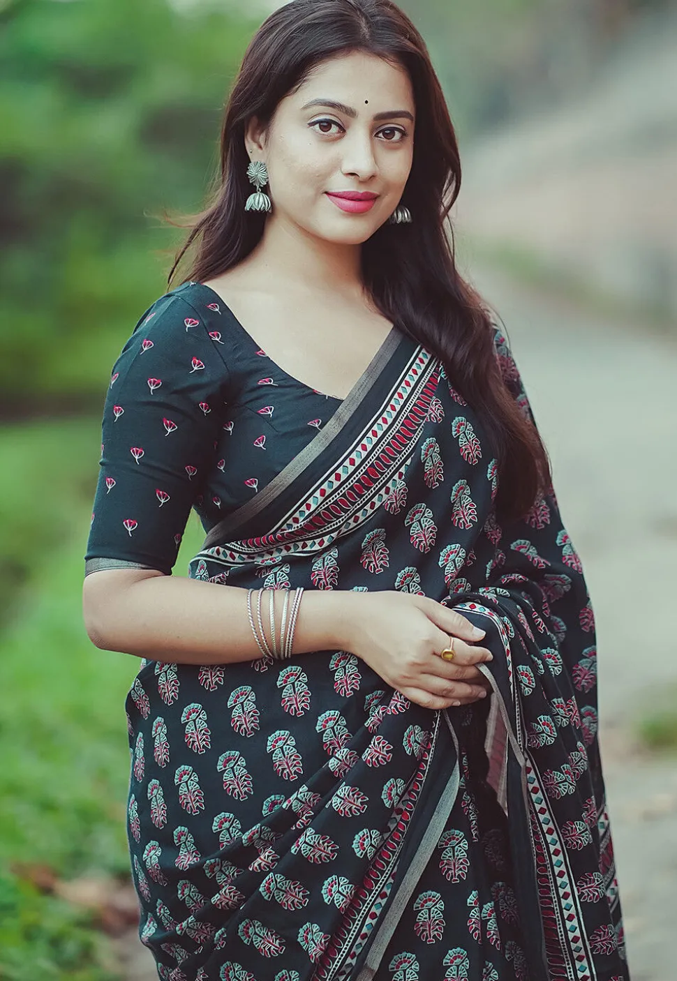 Ajrakh Printed Crepe Saree in Black