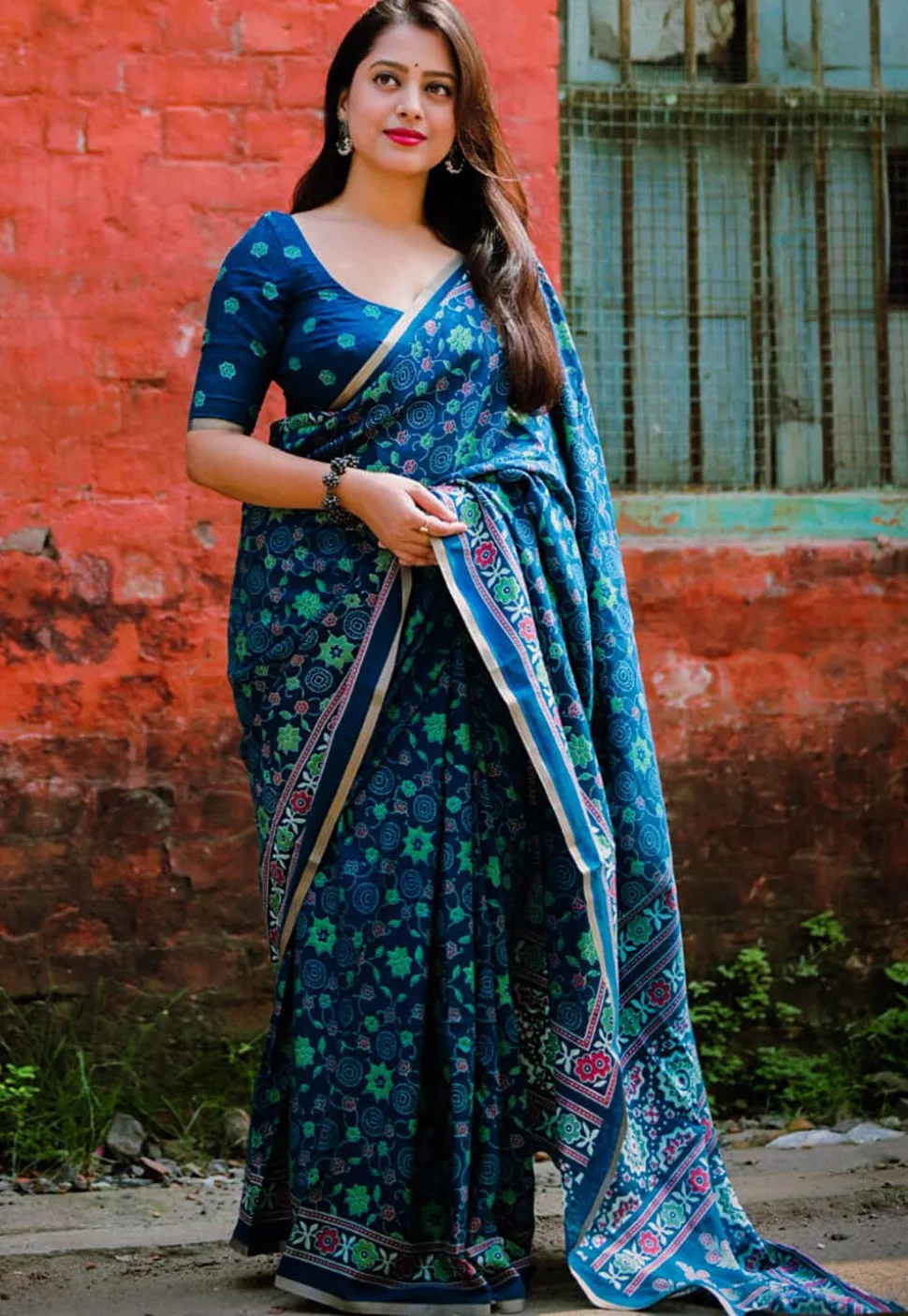 Ajrakh Printed Crepe Saree in Teal Blue