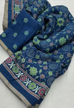 Ajrakh Printed Crepe Saree in Teal Blue
