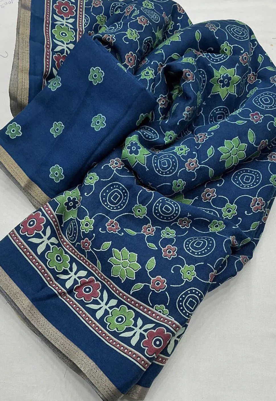 Ajrakh Printed Crepe Saree in Teal Blue