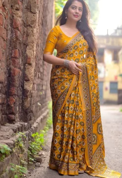 Ajrakh Printed Crepe Saree in Mustard