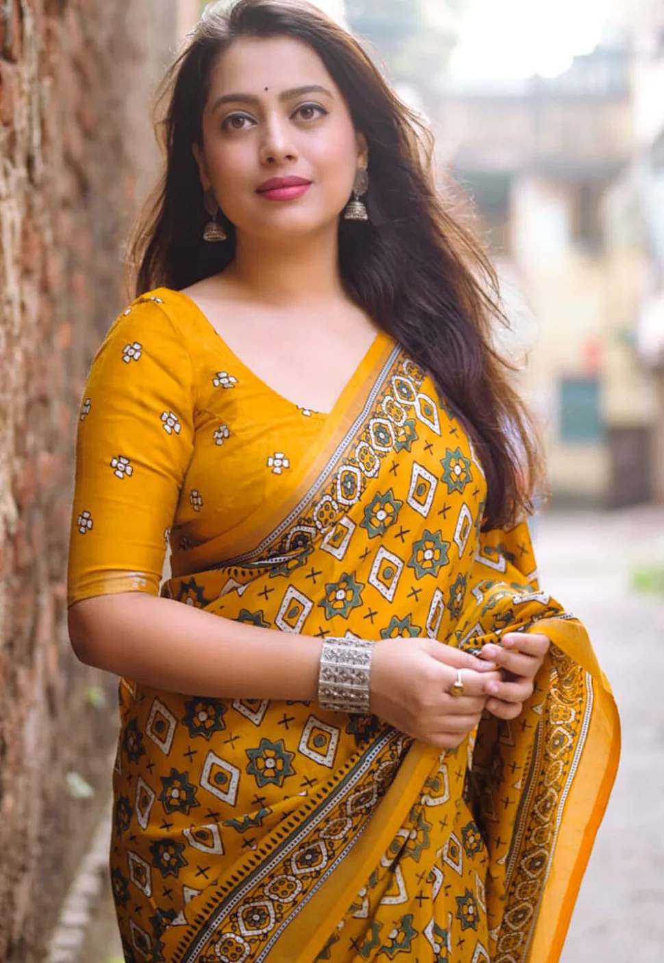Ajrakh Printed Crepe Saree in Mustard