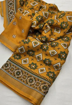 Ajrakh Printed Crepe Saree in Mustard