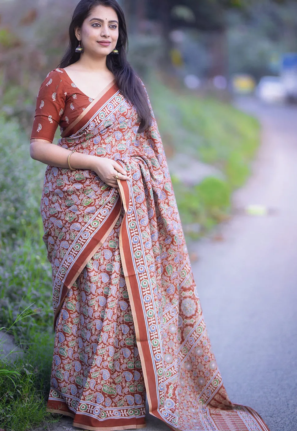 Ajrakh Printed Crepe Saree in Brown