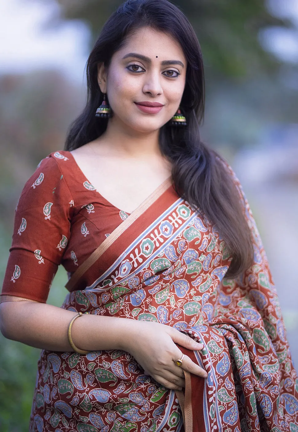 Ajrakh Printed Crepe Saree in Brown