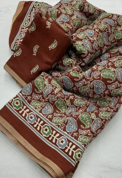 Ajrakh Printed Crepe Saree in Brown