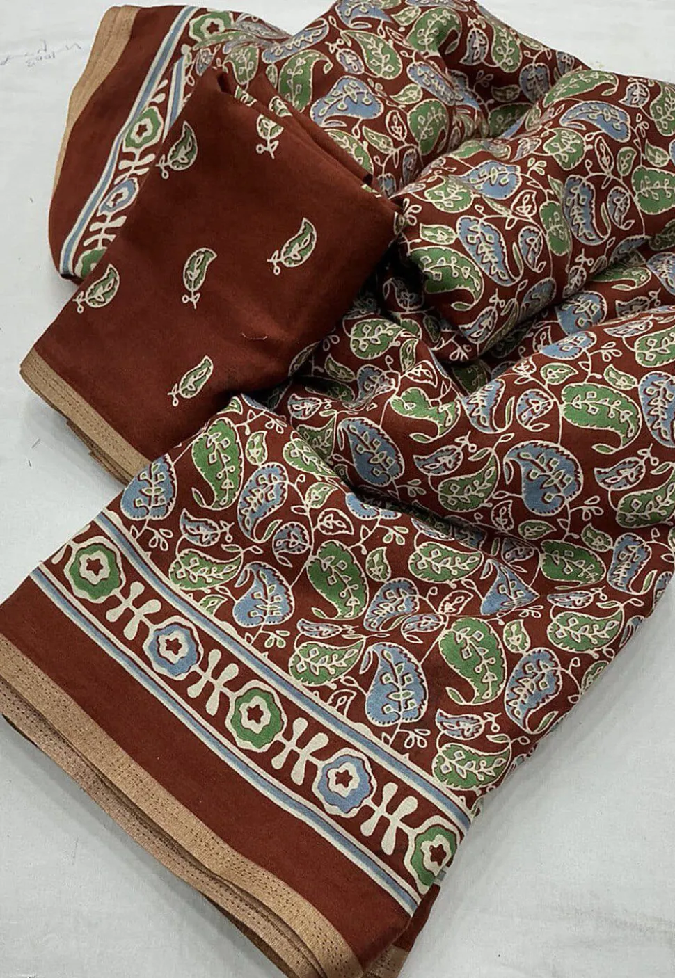 Ajrakh Printed Crepe Saree in Brown