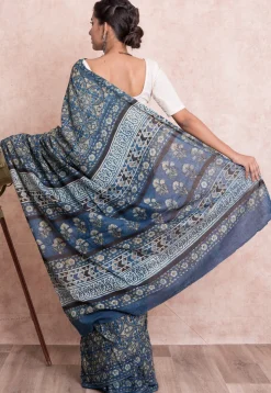 Ajrakh Printed Pure Cotton Saree in Blue