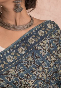 Ajrakh Printed Pure Cotton Saree in Blue