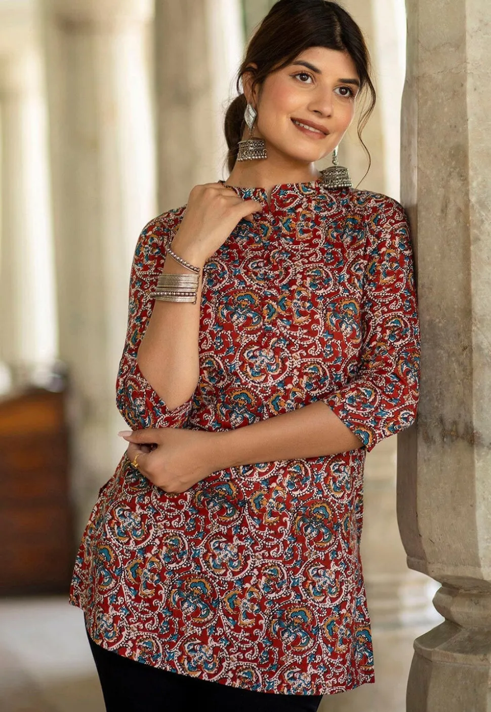 Ajrakh Printed Pure Cotton Tunic in Maroon
