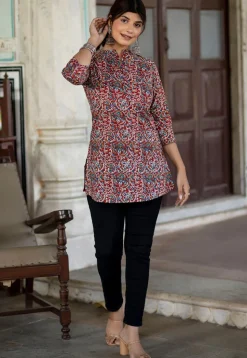 Ajrakh Printed Pure Cotton Tunic in Maroon