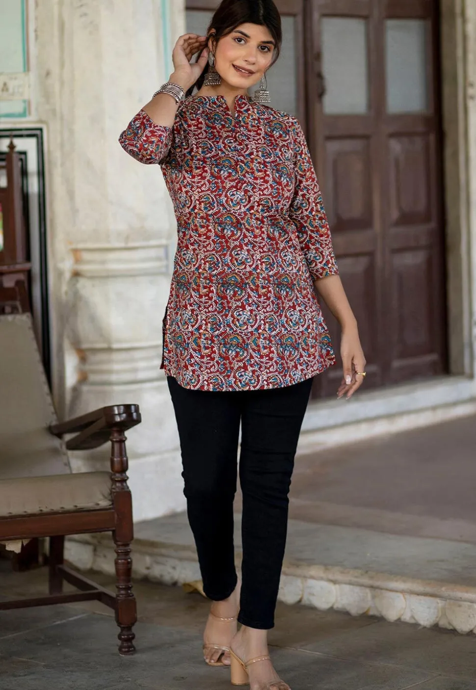 Ajrakh Printed Pure Cotton Tunic in Maroon