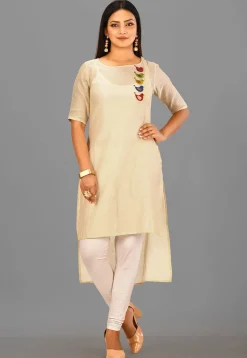 Appliqued Cotton Chanderi High Low Kurta in Light Beige
