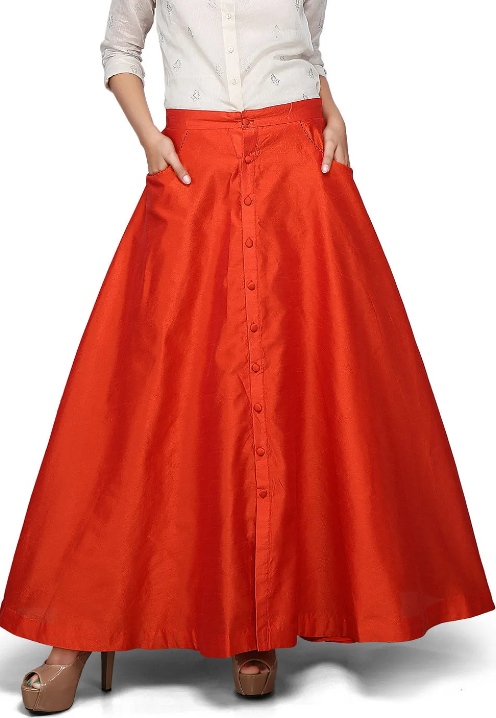 Art Dupion Silk Long Skirt In Orange