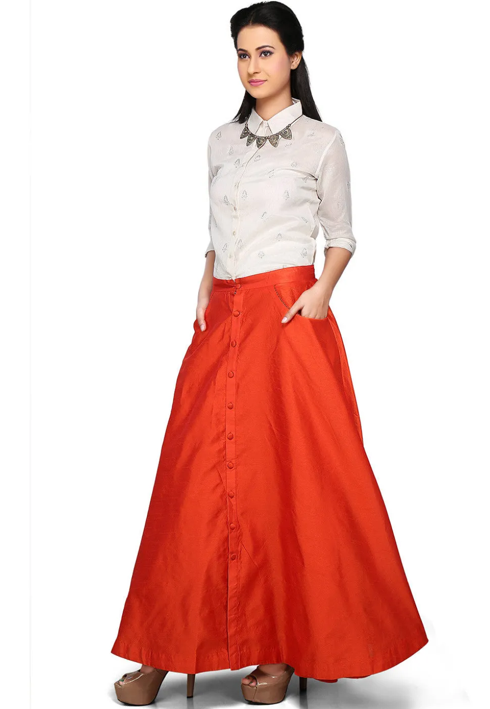 Art Dupion Silk Long Skirt In Orange