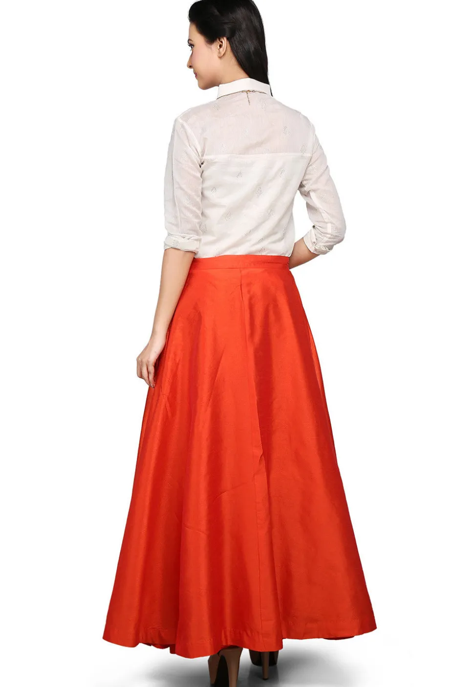 Art Dupion Silk Long Skirt In Orange