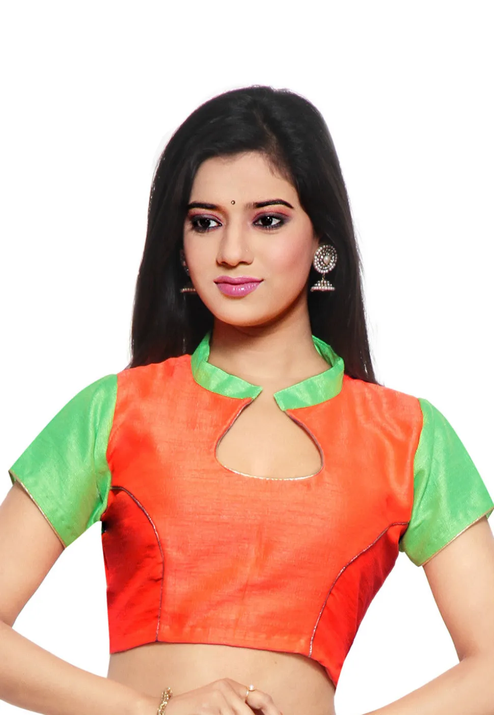 Art silk Blouse in Orange and Light Green
