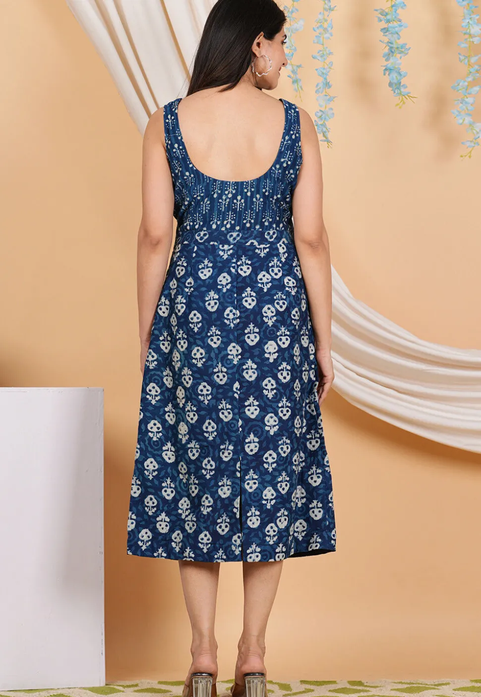 Bagru Printed Cotton Cutout Waist Dress in Indigo Blue
