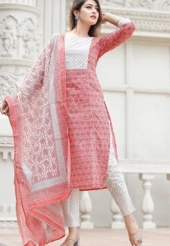 Bagru Printed Cotton Pakistani Suit in Coral Pink