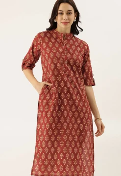 Bagru Printed Cotton Straight Kurta in Maroon
