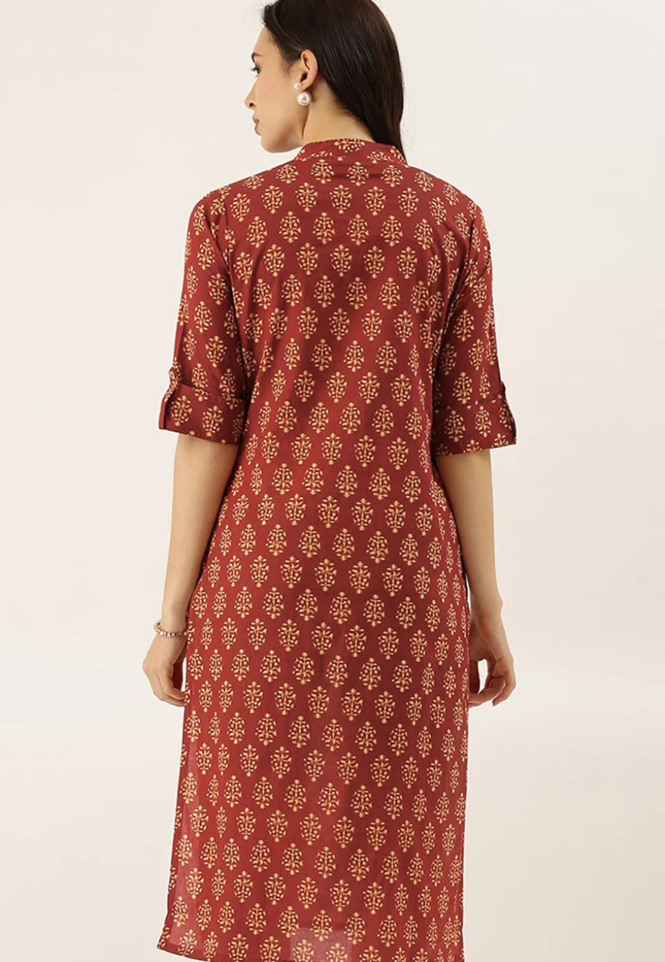 Bagru Printed Cotton Straight Kurta in Maroon