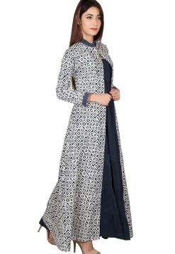 Bagru Printed Pure Cotton Tiered Gown in Navy Blue