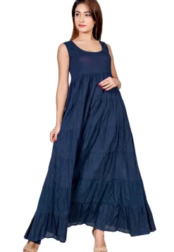 Bagru Printed Pure Cotton Tiered Gown in Navy Blue