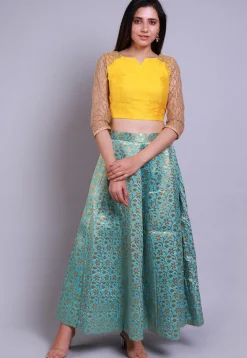 Banarasi Brocade Crop Top with Skirt in Yellow and Green