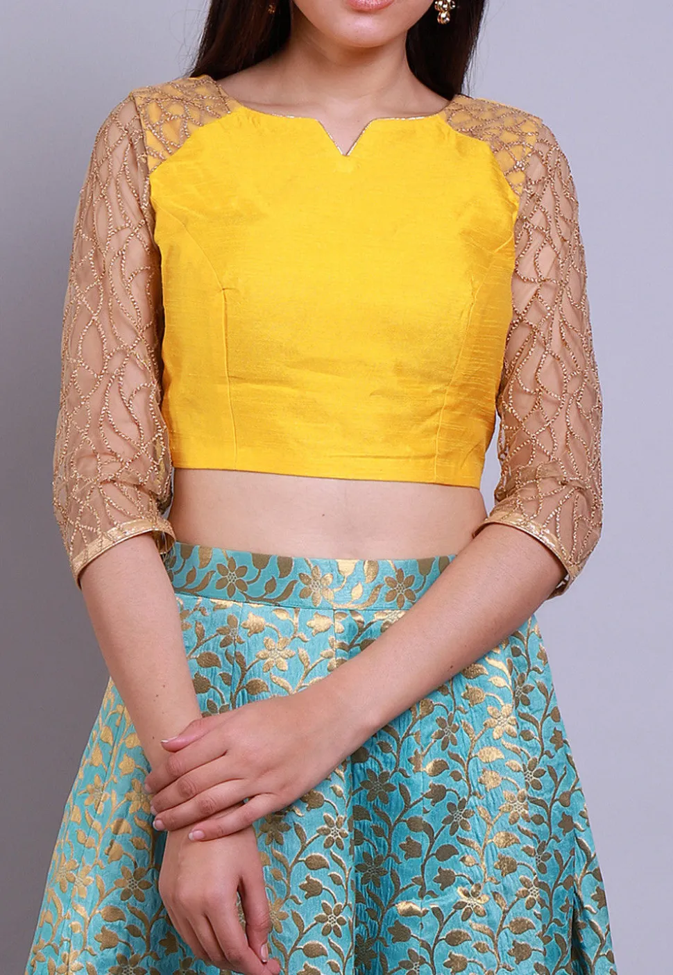 Banarasi Brocade Crop Top with Skirt in Yellow and Green