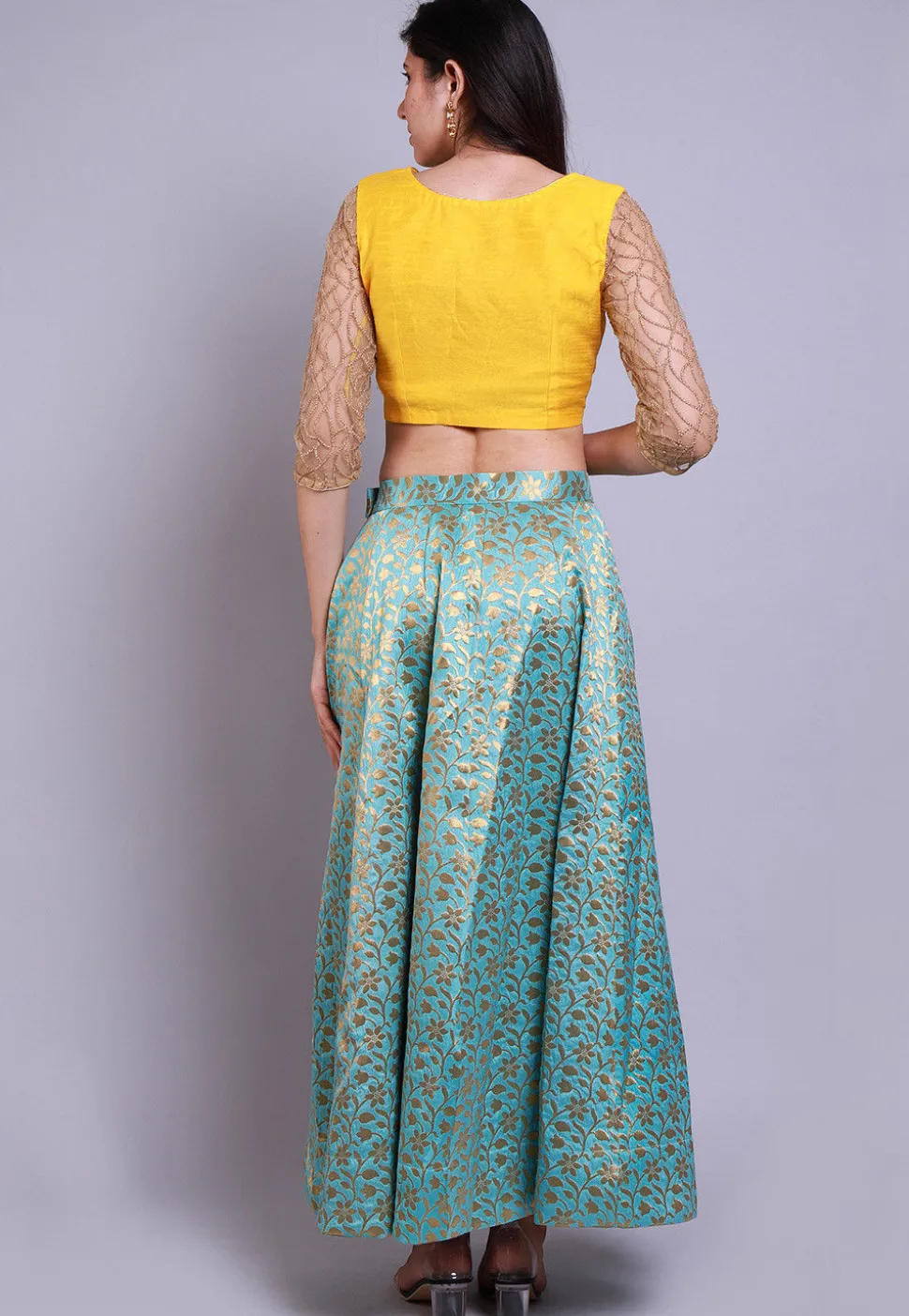 Banarasi Brocade Crop Top with Skirt in Yellow and Green