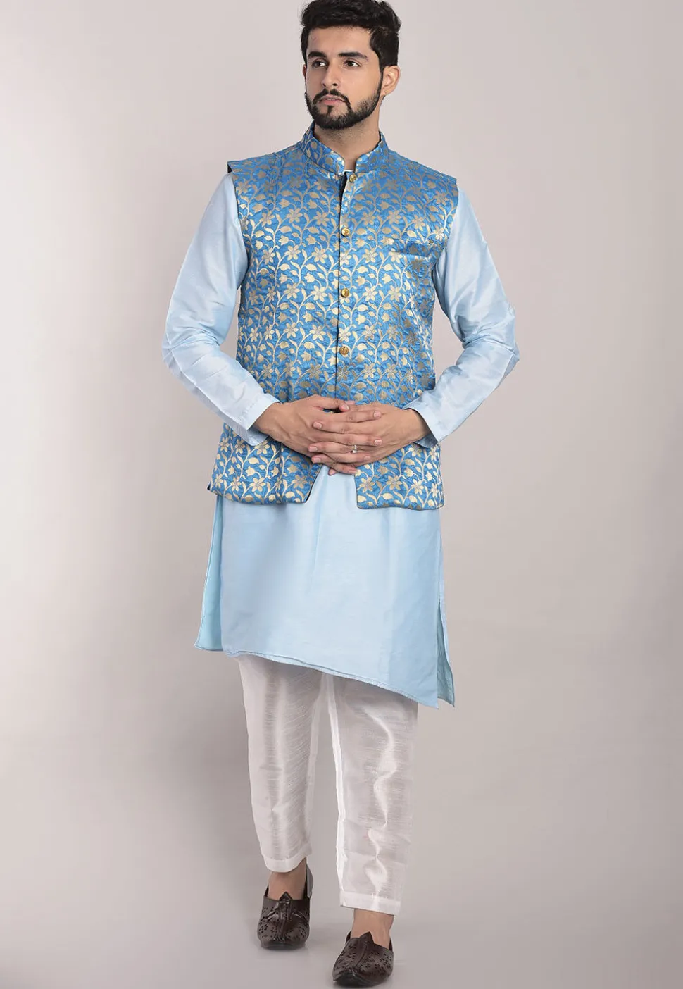 Banarasi Brocade Nehru Jacket in Light Blue