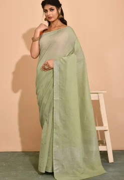 Banarasi Cotton Silk Saree in Pastel Green