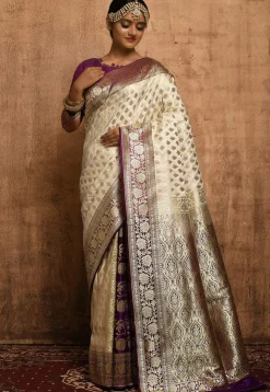 Banarasi Katan Silk Saree in Off White and Purple