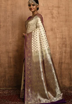Banarasi Katan Silk Saree in Off White and Purple