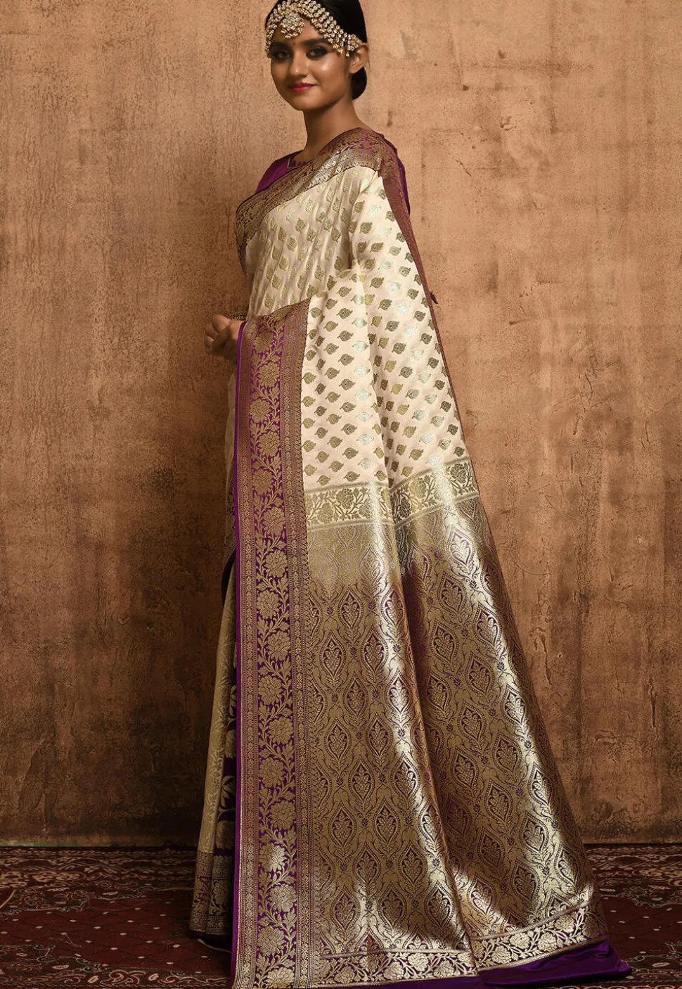 Banarasi Katan Silk Saree in Off White and Purple