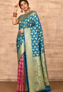 Banarasi Katan Silk Saree in Blue and Fuchsia