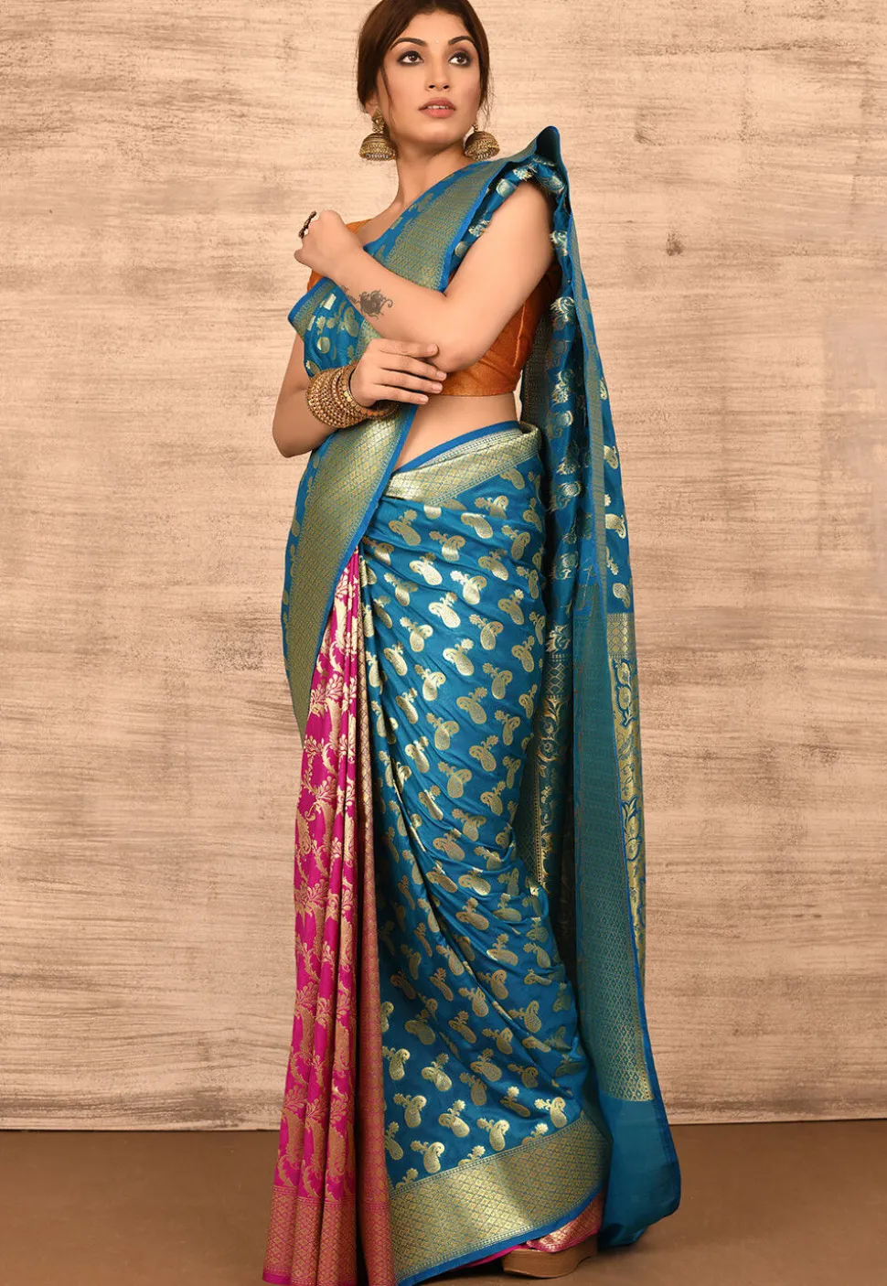 Banarasi Katan Silk Saree in Blue and Fuchsia